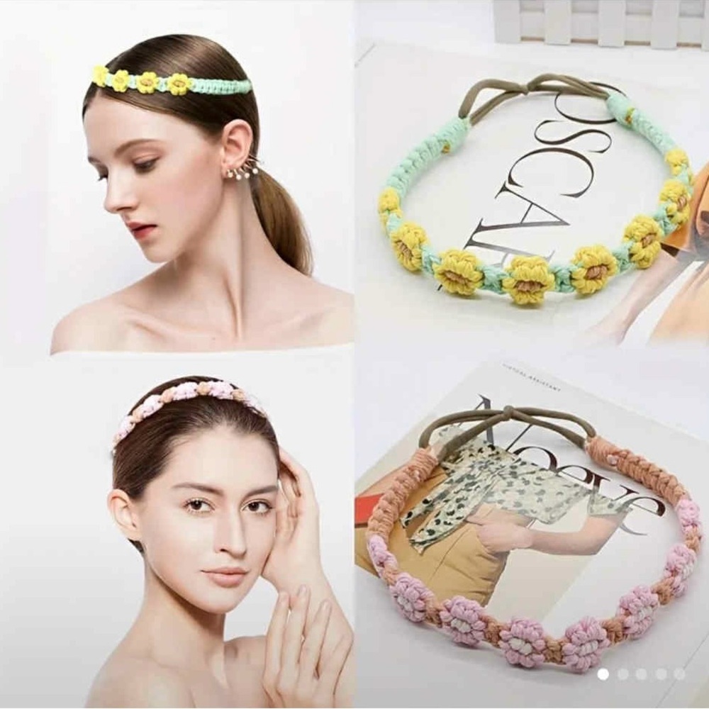 Green/ White Flowers Macrame Braided Floral Headband NEW
